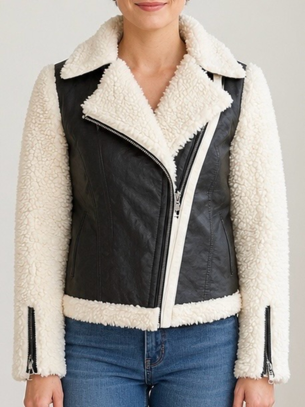 I Heart Ronson Faux Leather Sherpa Shearling Moto Biker Jacket Black Cream S EUC